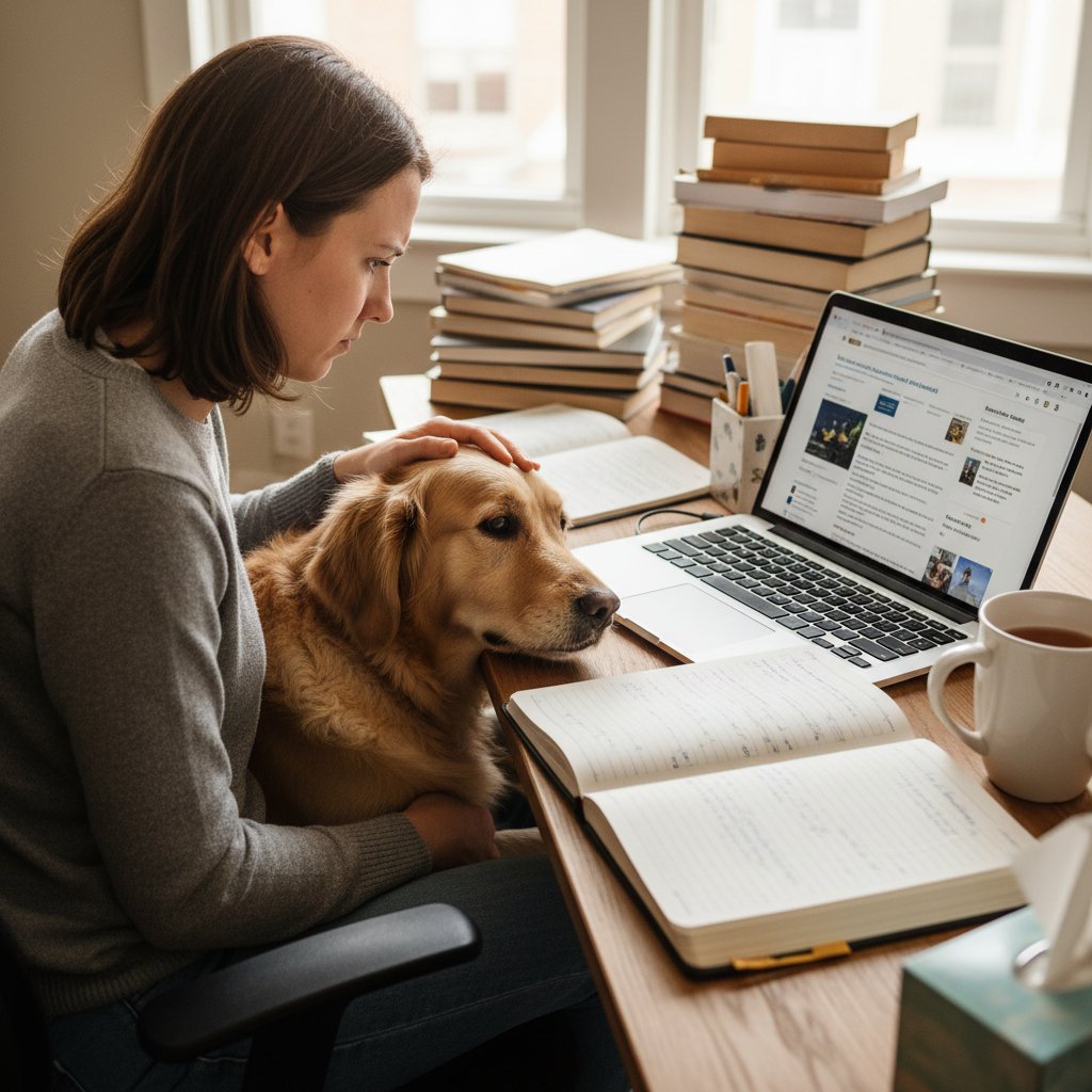 Person am Laptop mit Notizbuch, informiert sich über emotionale Unterstützungsmöglichkeiten