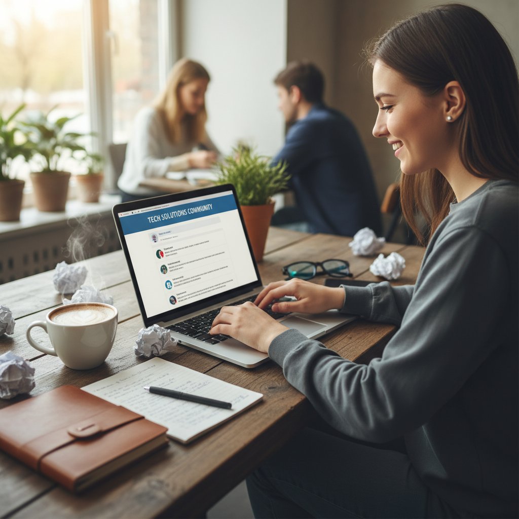 Osoba przeglądająca komputer z otwartym forum wsparcia online, w tle notes i filiżanka kawy