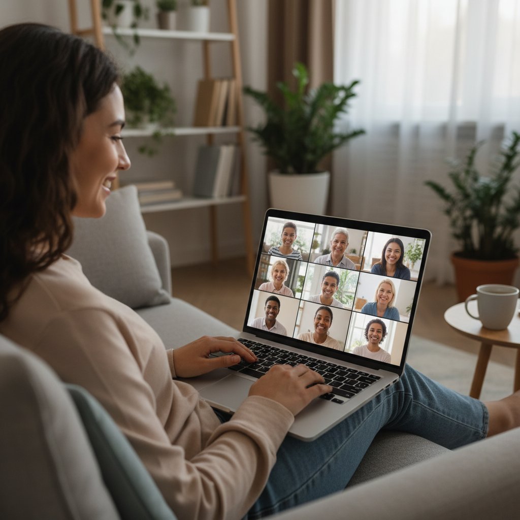 Osoba siedząca przed laptopem i uczestnicząca w grupie wsparcia online, uśmiech, wsparcie