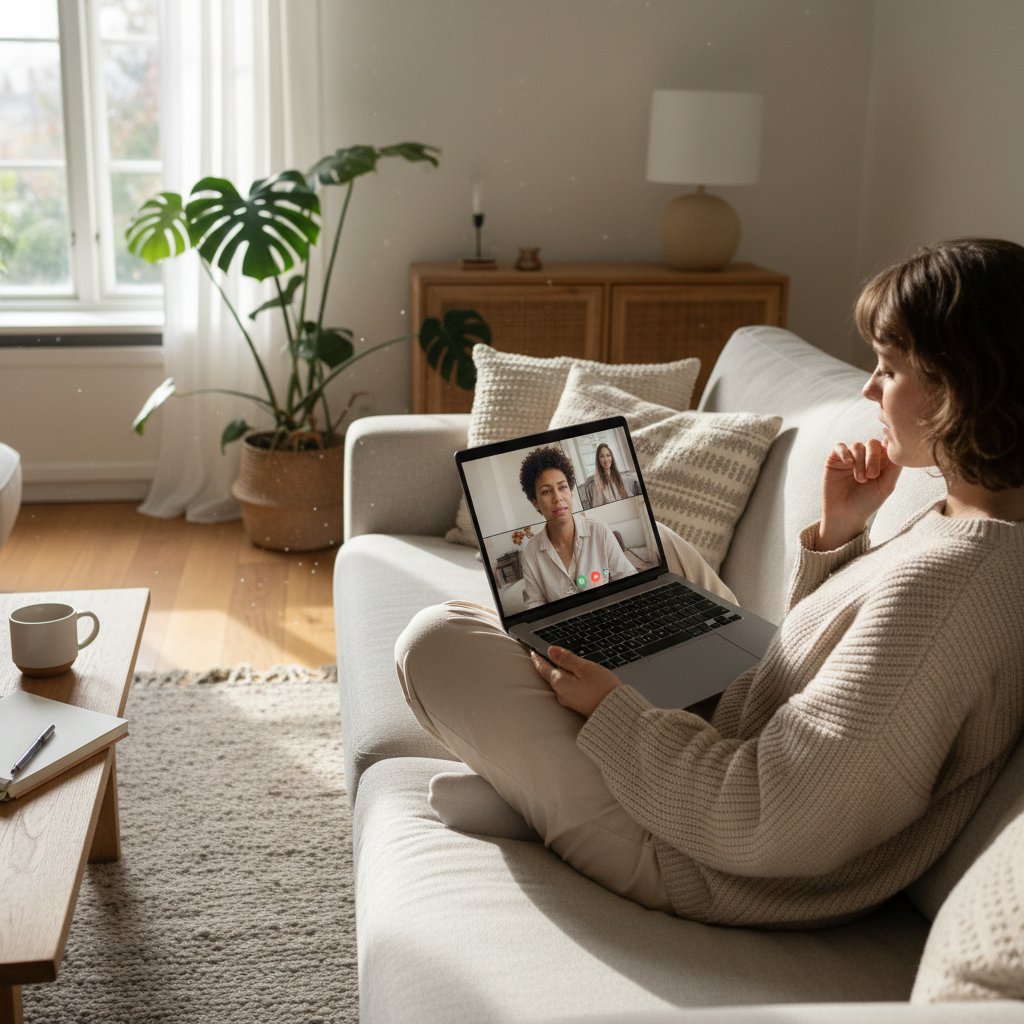 Osoba z laptopem podczas sesji online, symbolizująca psychoterapię perfekcjonizmu online