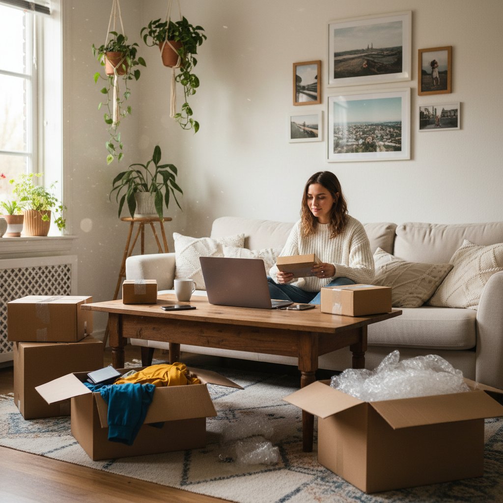 Osoba zamawiająca produkty przez laptop, otoczona paczkami kurierskimi, wnętrze mieszkania