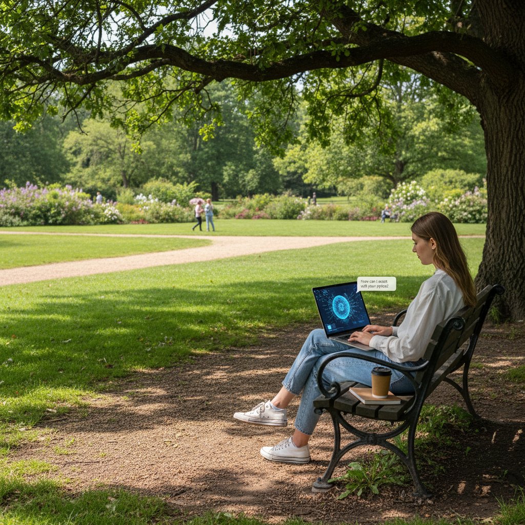 Osoba korzystająca z laptopa w parku, wsparcie AI kontra natura