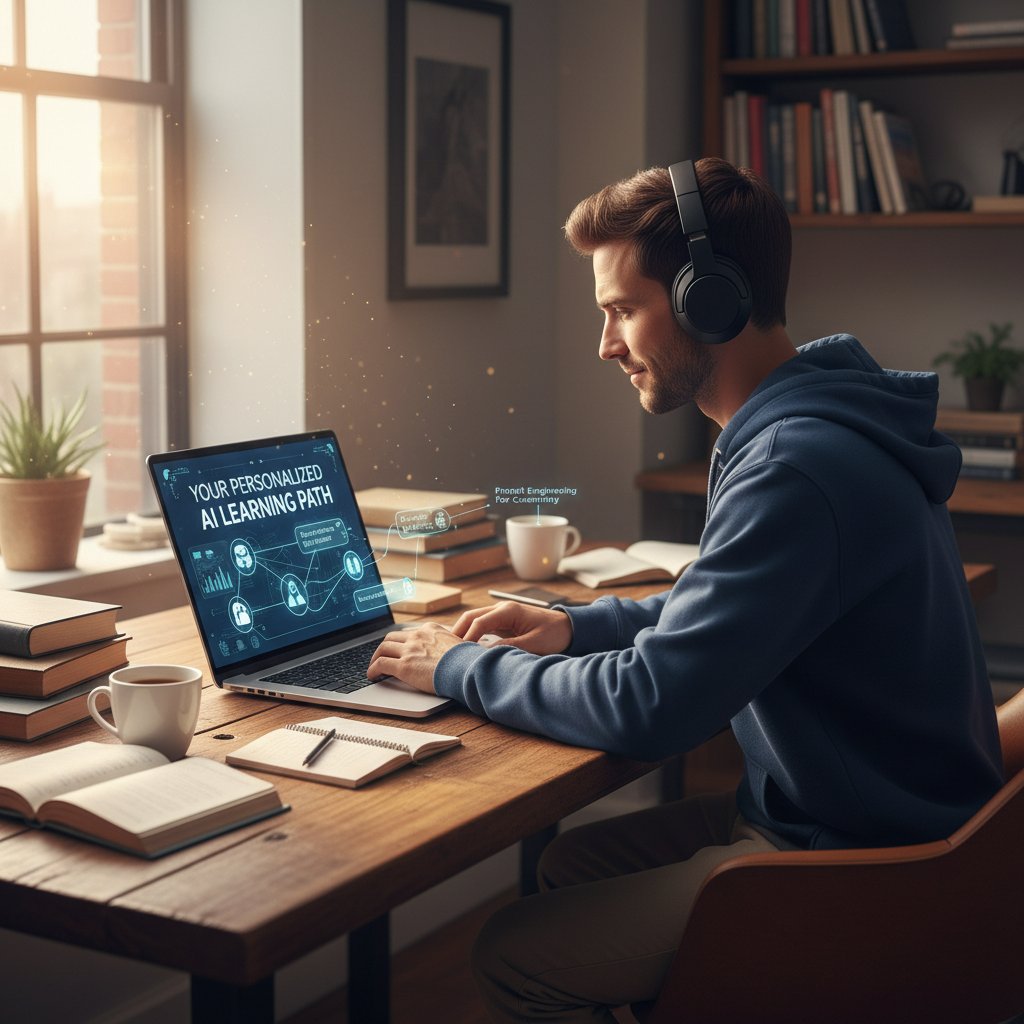 Osoba korzystająca z laptopa, na ekranie wyświetlane spersonalizowane rekomendacje AI, atmosfera skupienia