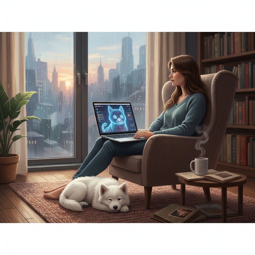 Osoba siedząca z laptopem, na ekranie piesek AI, atmosfera refleksyjna