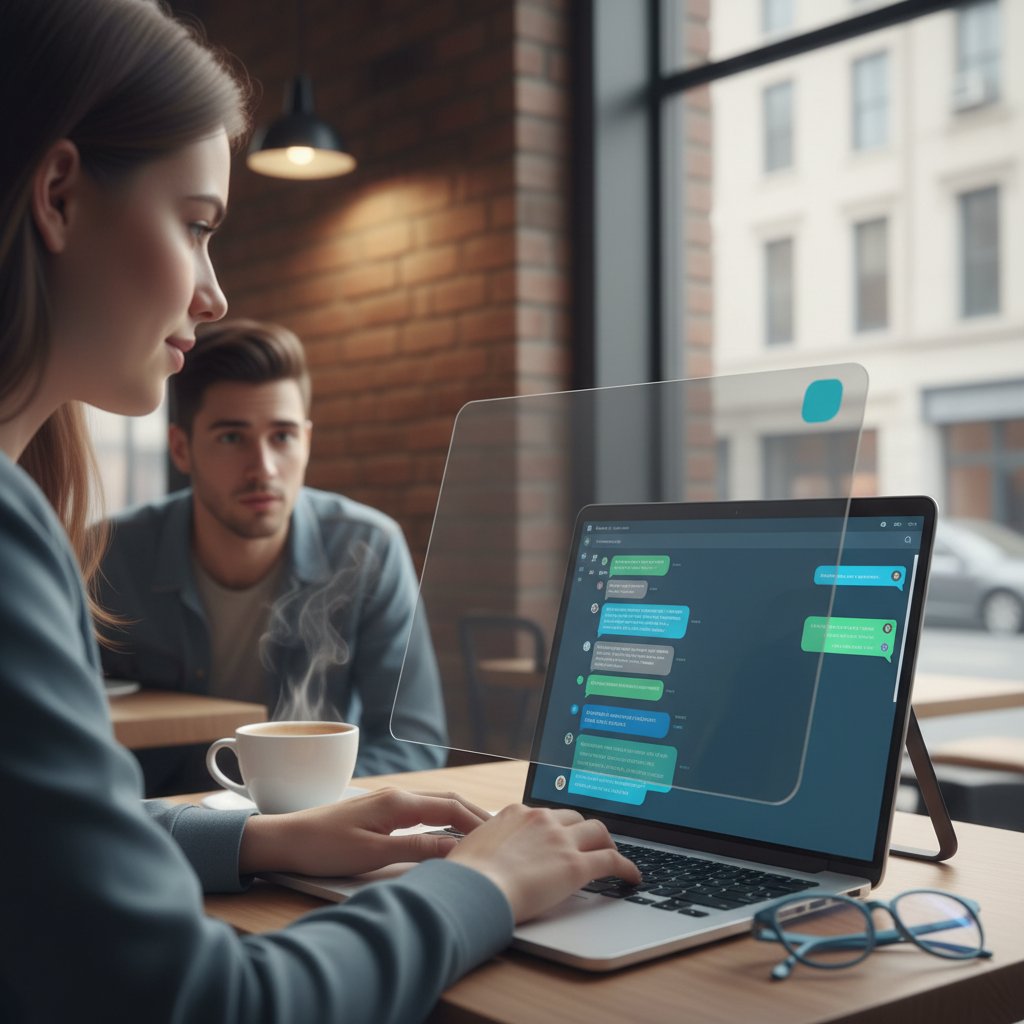 Osoba ustawiająca zabezpieczenia prywatności na laptopie podczas rozmowy online