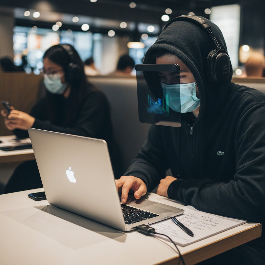 Zdjęcie osoby używającej laptopa z naklejką „privacy”, ilustracja prywatności online