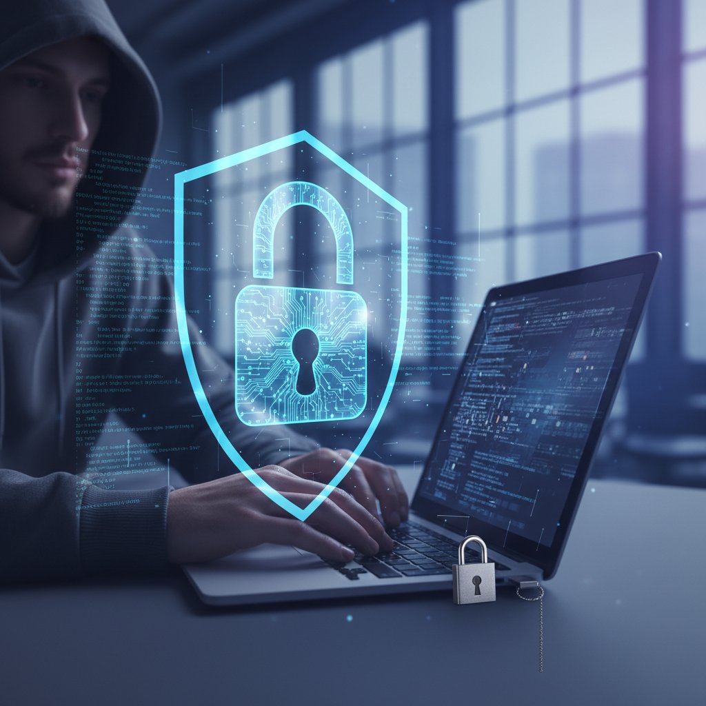 Osoba siedząca przy komputerze z ikoną kłódki na ekranie, symbolizująca ochronę prywatności w sieci
