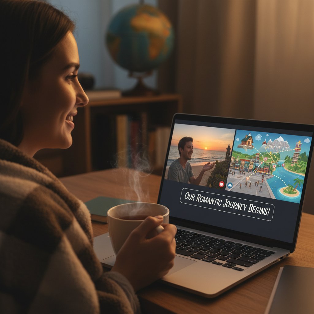 Mensch am Laptop, Profil ausfüllend und mit KI-Partner chattend, Start der virtuellen Liebesreise