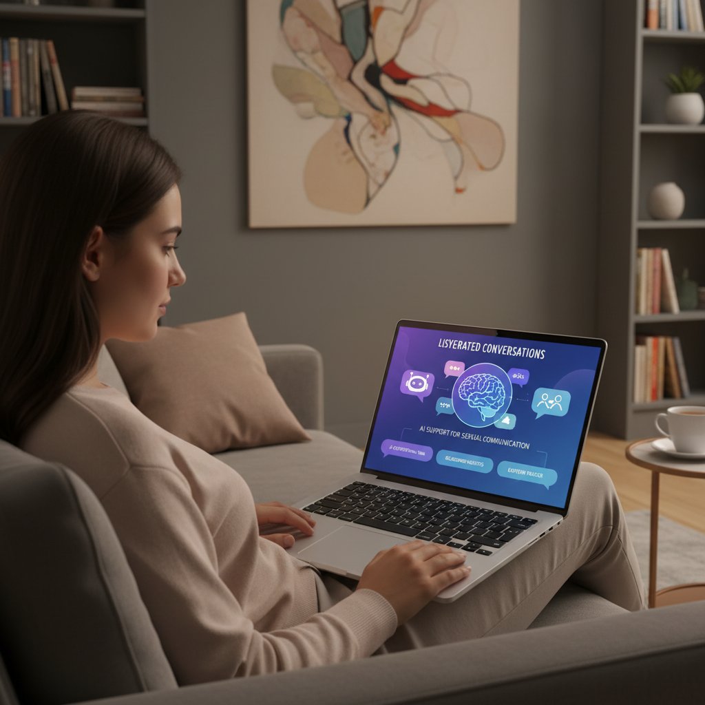 Osoba korzystająca z laptopa, aplikacja psychologiczna na ekranie, wsparcie AI w komunikacji o seksie