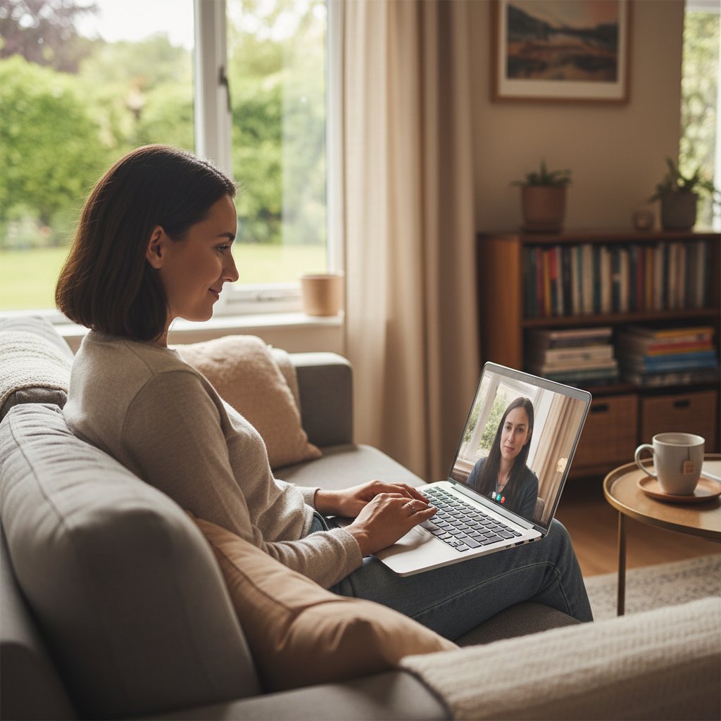 Osoba korzysta z laptopa w domowym zaciszu, szukając wsparcia psychologicznego online