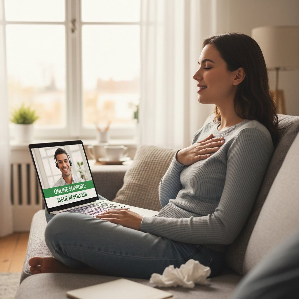 Osoba patrząca w ekran laptopa z poczuciem ulgi i satysfakcji po udanej sesji wsparcia online