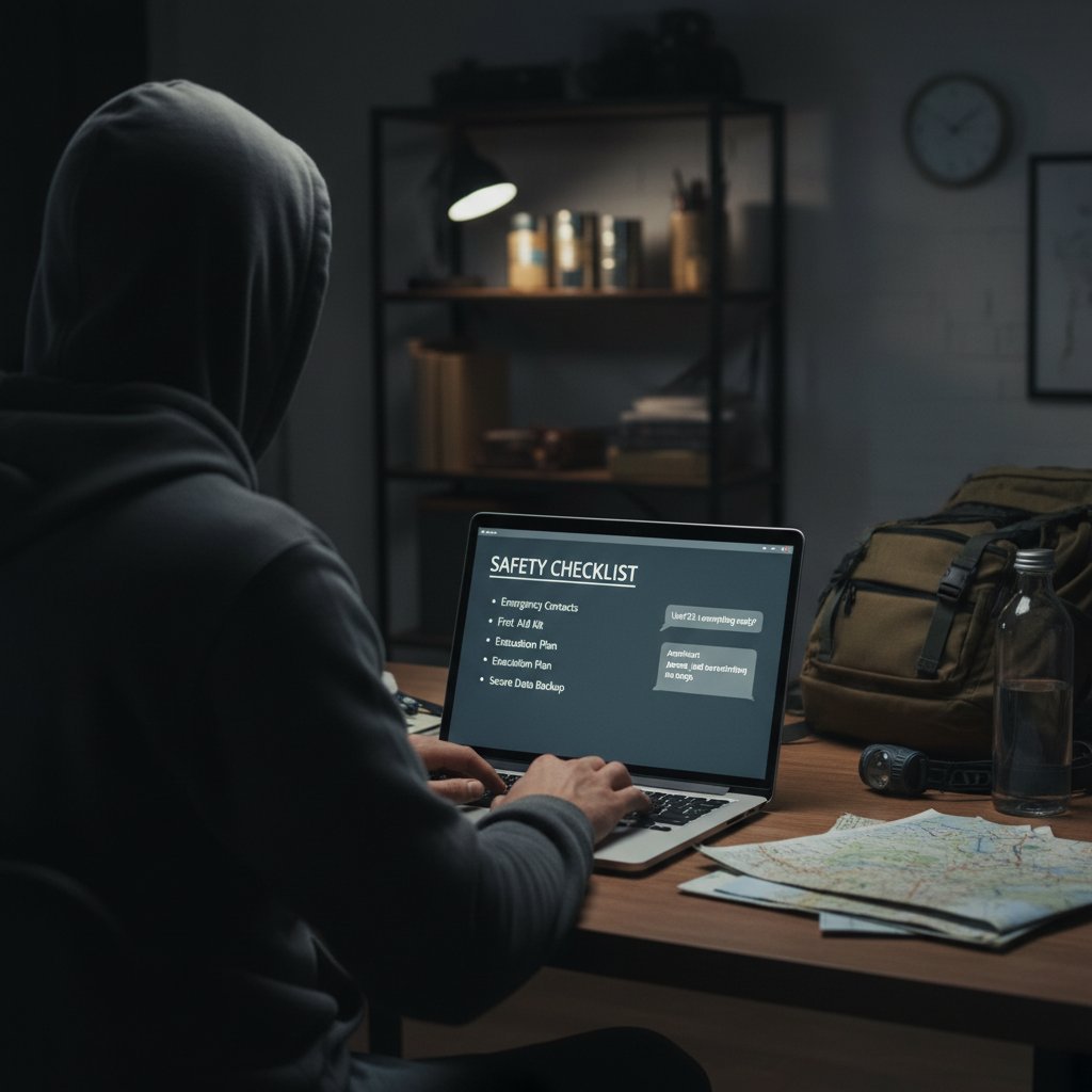 Osoba przygotowująca się do anonimowej rozmowy online, sprawdzająca checklistę na ekranie laptopa