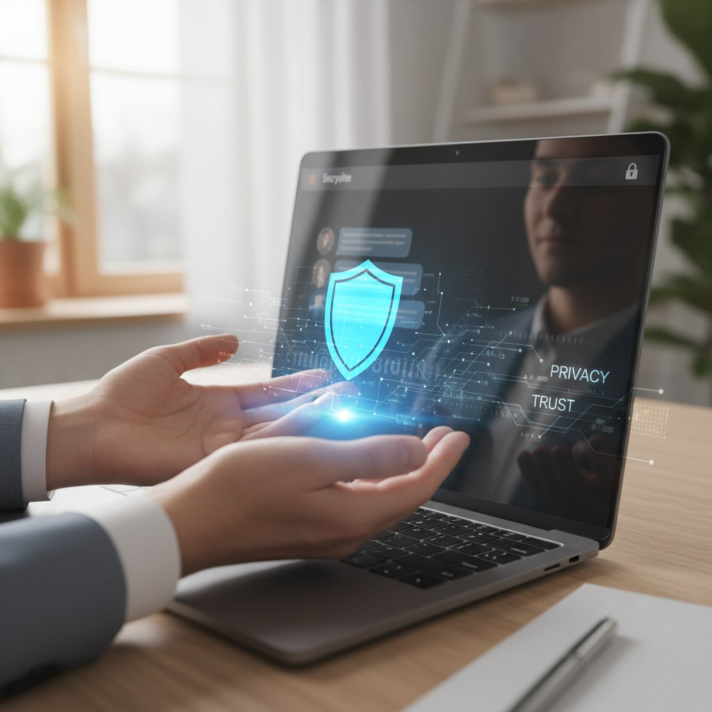 Osoba przed laptopem, widoczne symbole bezpieczeństwa i prywatności, atmosfera zaufania