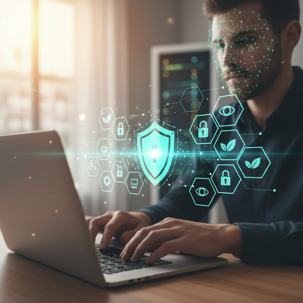 Osoba zabezpieczająca dane na laptopie, widoczne symbole bezpieczeństwa i prywatności