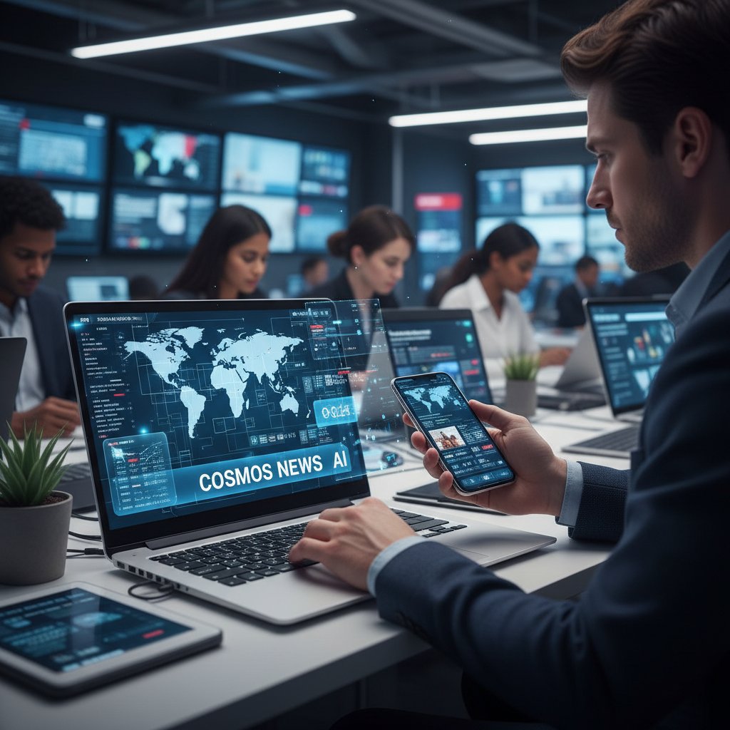 Osoba korzystająca z laptopa i smartfona podczas relacjonowania wydarzenia, interfejsy AI na ekranach