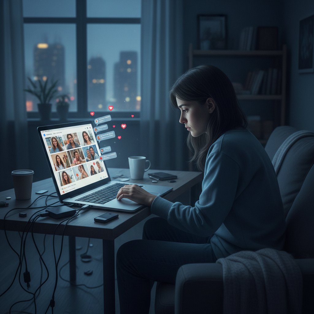 Osoba przeglądająca media społecznościowe na laptopie, samotność a technologia