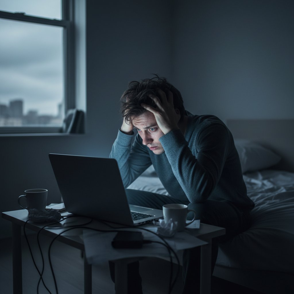 Osoba samotna patrząca w ekran laptopa, atmosfera napięcia i wyobcowania, anonimowe czaty w tle