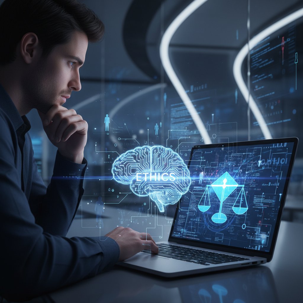 Osoba patrzy na ekran laptopa w skupieniu, atmosfera refleksji, temat granic AI