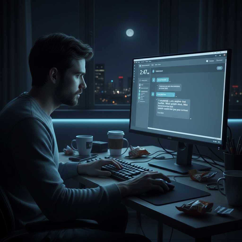 Mensch sitzt spätabends am PC, angespannt aber mit leichtem Lächeln, Bildschirm zeigt KI-Chat