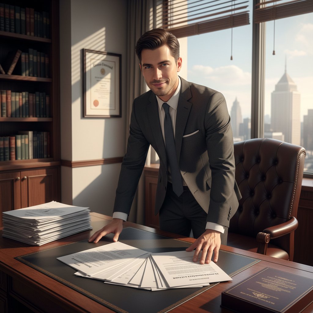 Osoba wchodząca do kancelarii z teczką dokumentów i spokojnym wyrazem twarzy