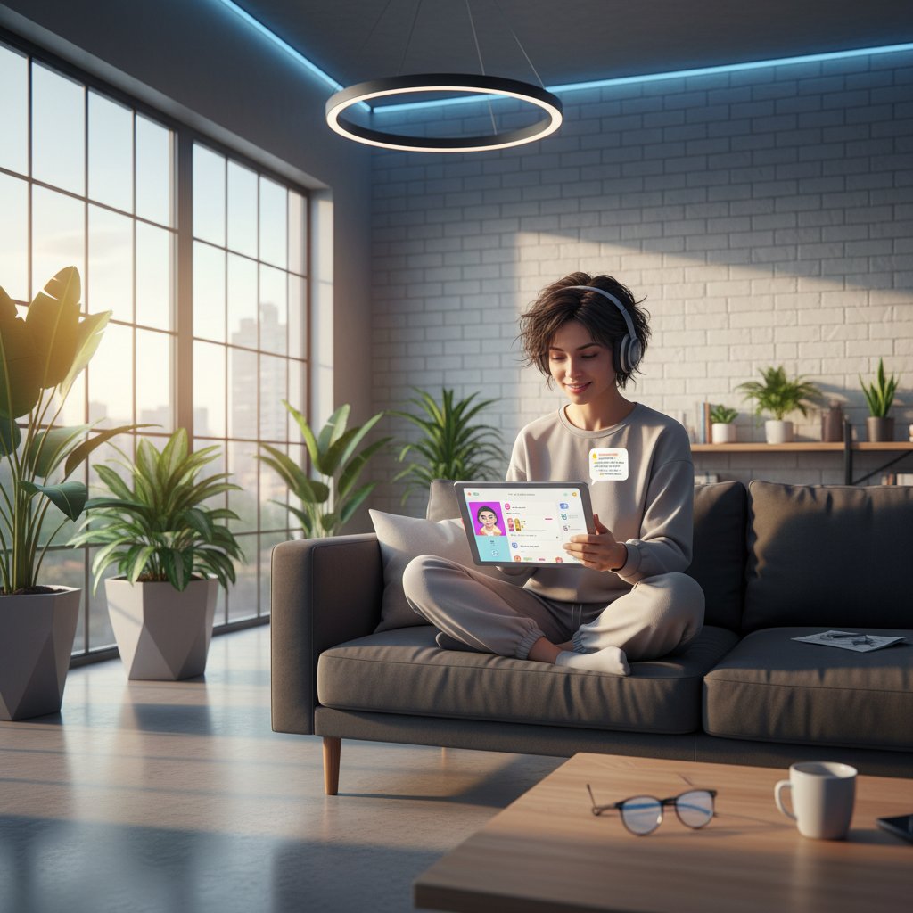 Osoba ucząca się języków online w nowoczesnym mieszkaniu, technologia AI, tablety, dynamiczne światło