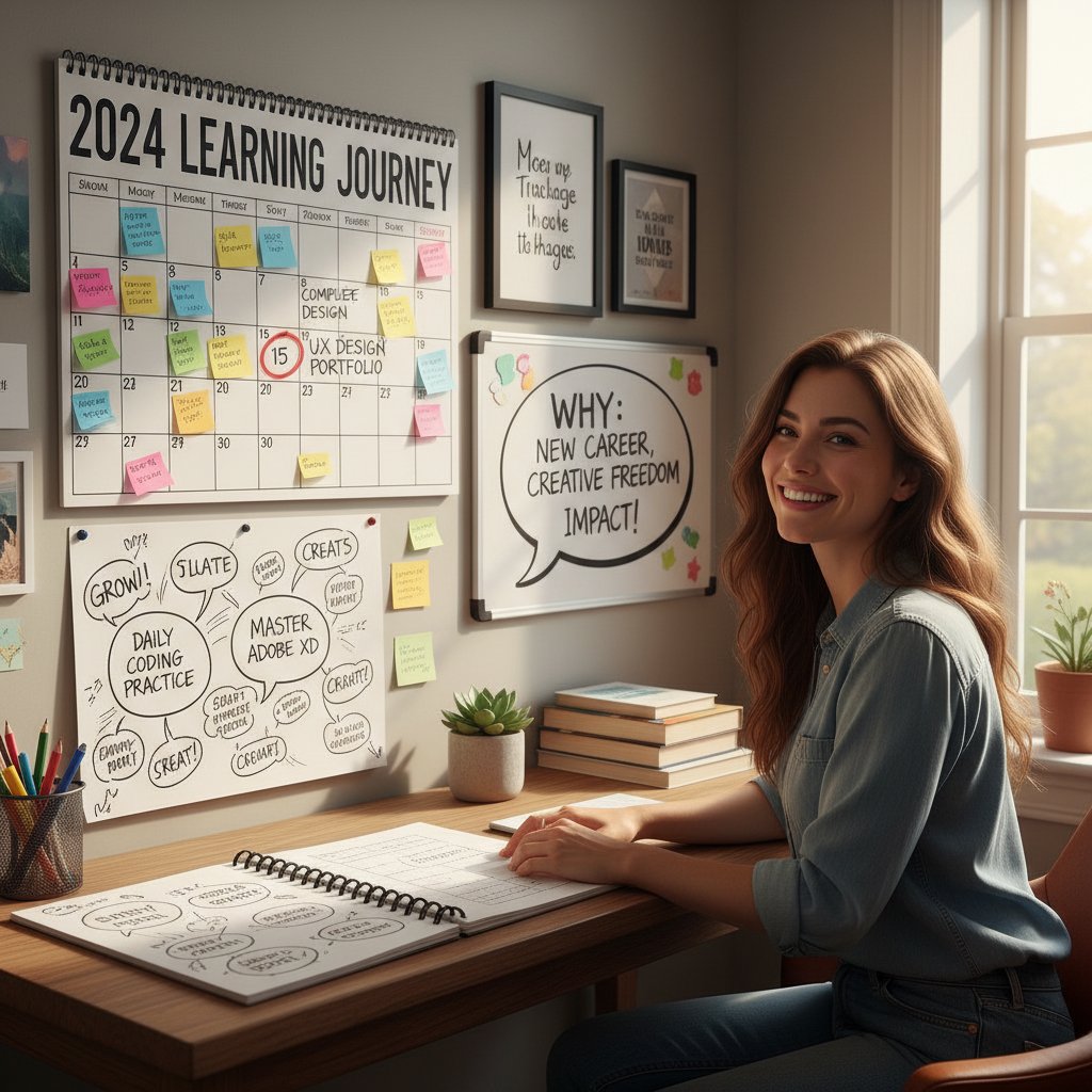 Osoba trzymająca kartkę z celem nauki słówek, kalendarz i notatki, motywacyjna atmosfera