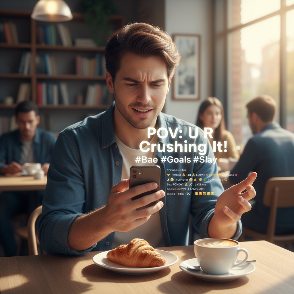 Osoba uczy się slangu internetowego na smartfonie w kawiarni