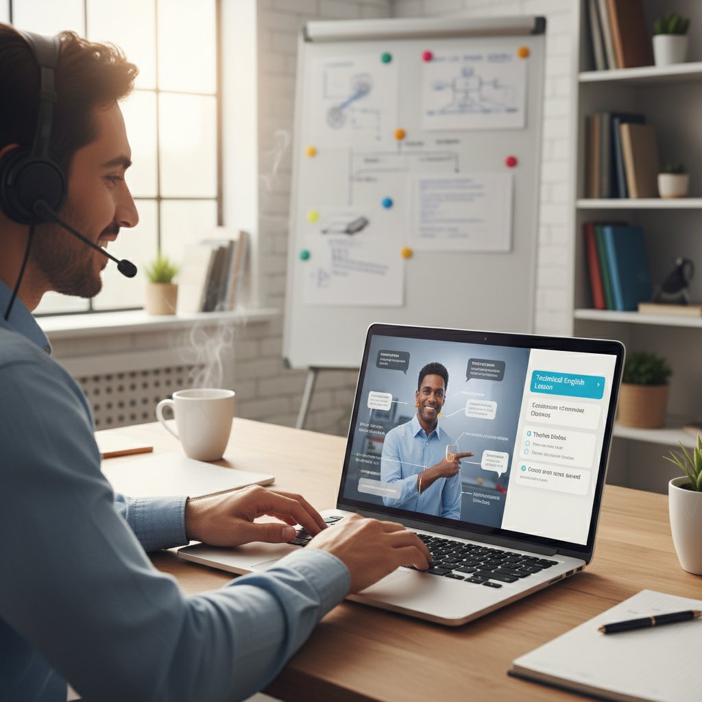 Osoba ucząca się angielskiego technicznego online z native speakerem, interaktywna lekcja na laptopie