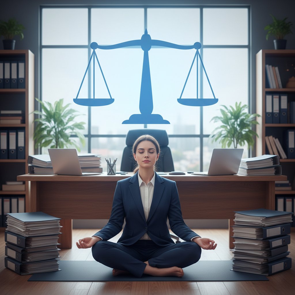 Osoba w biurze prawnym wykonująca ćwiczenia relaksacyjne przed podpisaniem istotnego dokumentu, keywords: decyzje pod presją