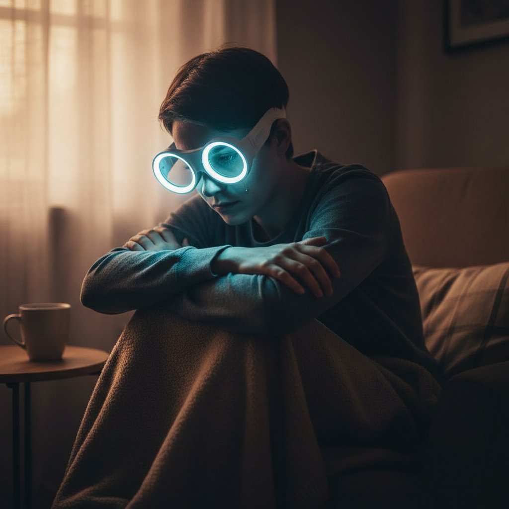 Osoba korzystająca z lampy antydepresyjnej podczas pochmurnego dnia