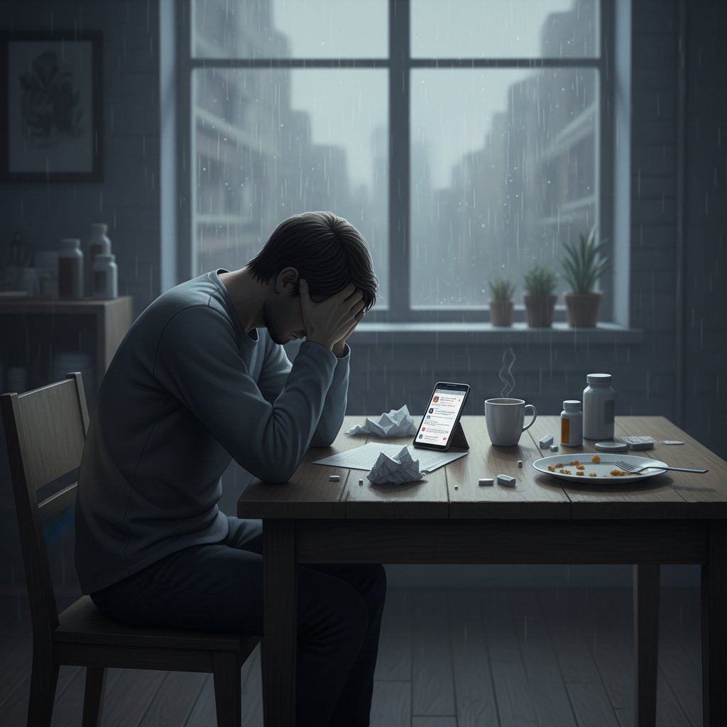 Zamknięta w sobie osoba pochłonięta złymi wiadomościami na temat leczenia – izolacja i lęk