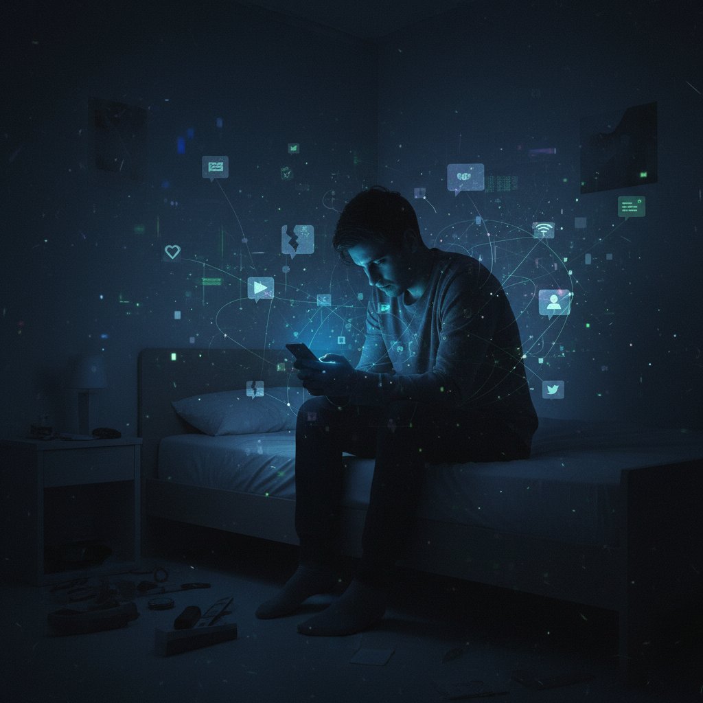 Osoba patrząca na ekran telefonu w ciemnym pokoju, światło z ekranu symbolizuje cyfrową samotność