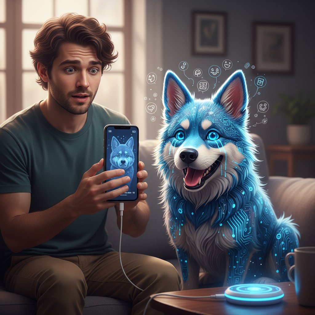 Osoba patrząca na ekran smartfona z wyrazistym cyfrowym psem, emocjonalny wyraz twarzy