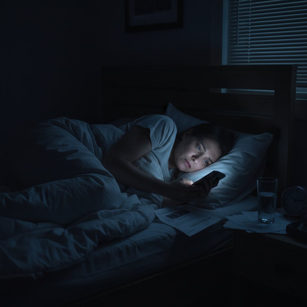 Człowiek leżący nocą w łóżku, zamyślony, zmartwiony, światło ekranu w tle – słowa kluczowe: sen, lęk, noc