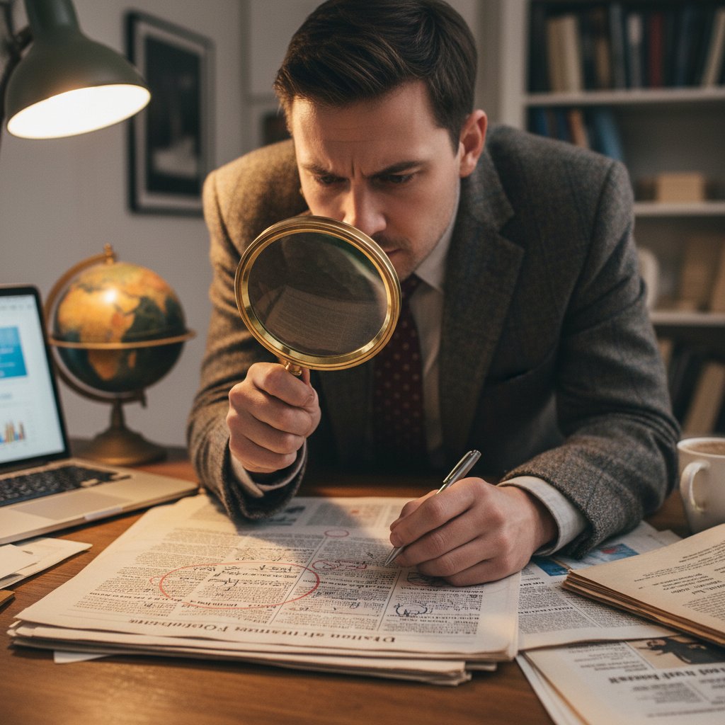 Osoba z lupą analizująca wydrukowany news przy biurku, wokół notatki i długopisy