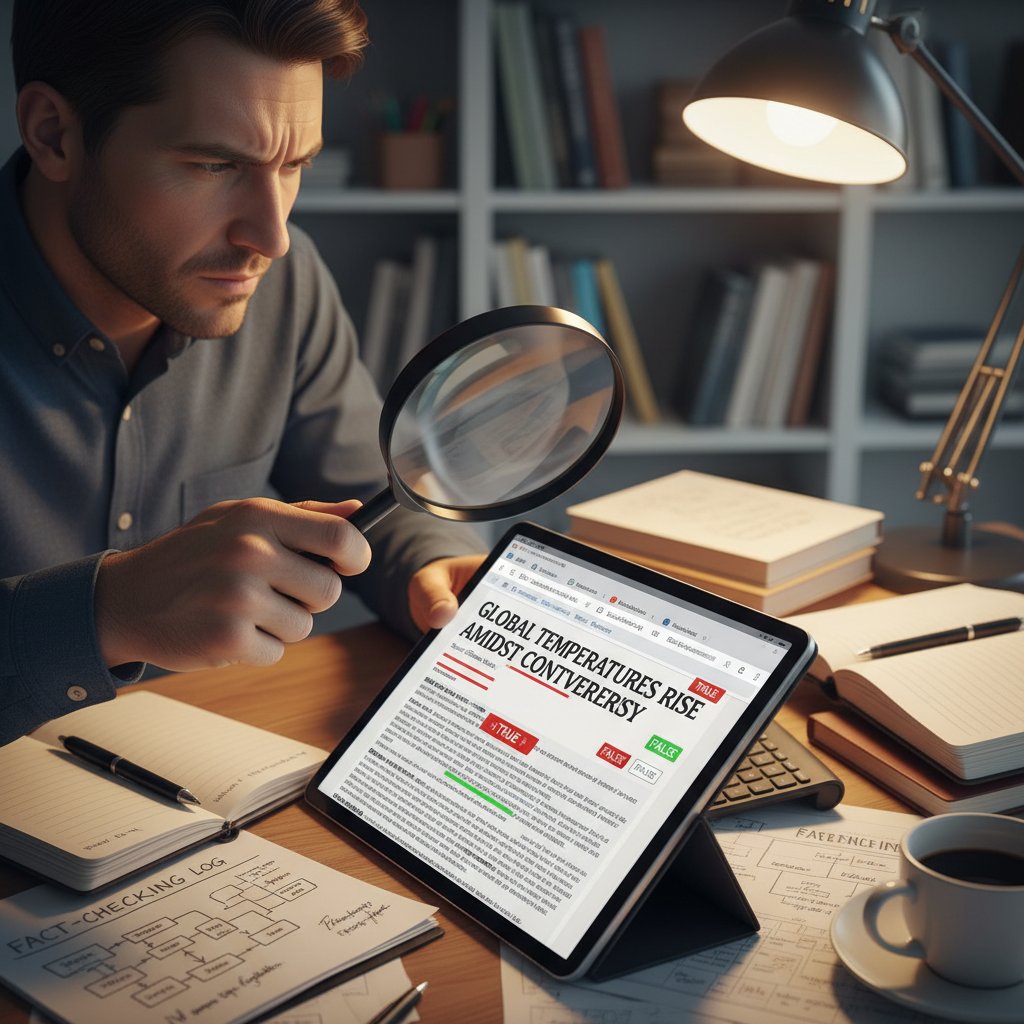Osoba ze szkłem powiększającym analizuje newsy na ekranie, fakt-checking