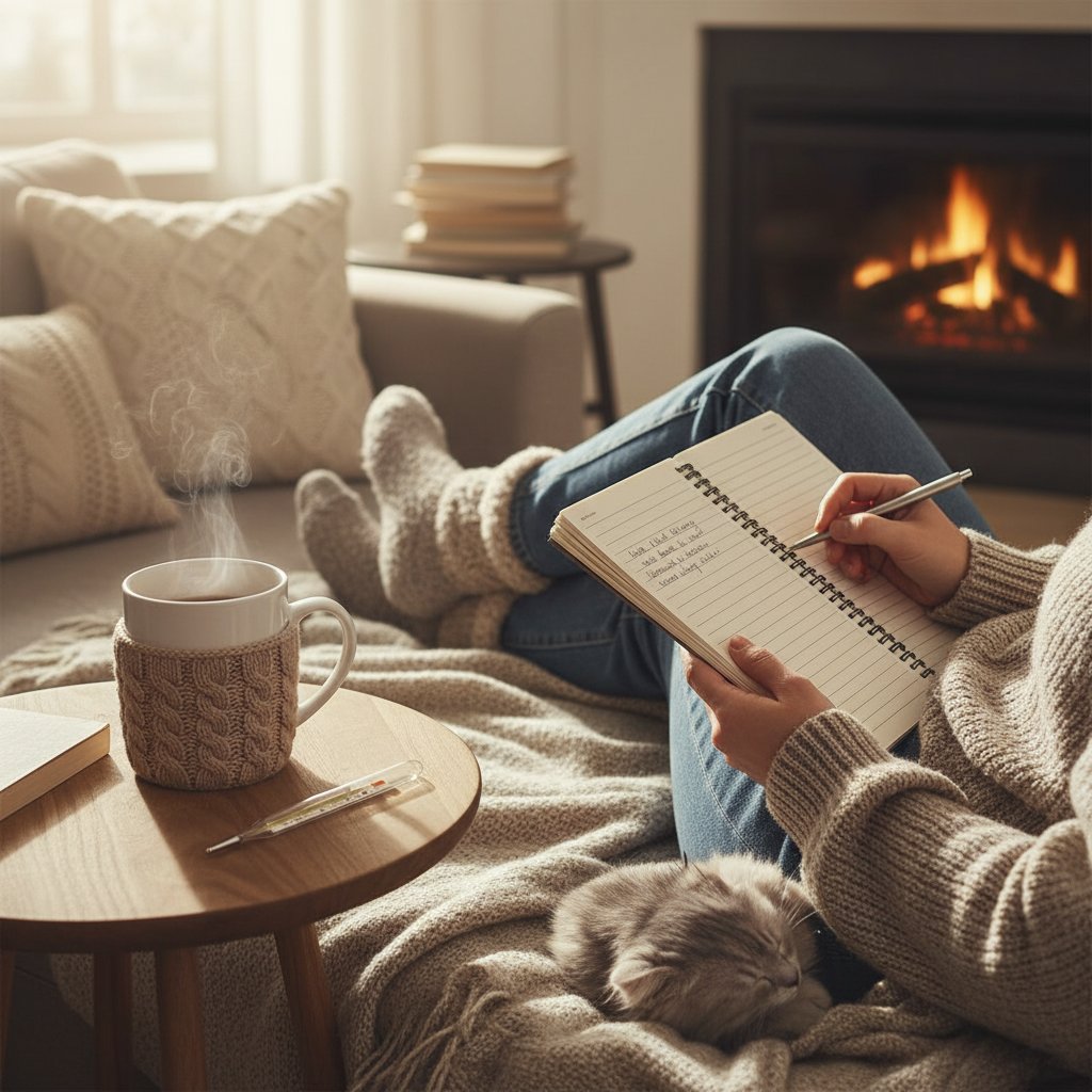 Osoba notująca objawy dreszczy w domu przy kubku i termometrze