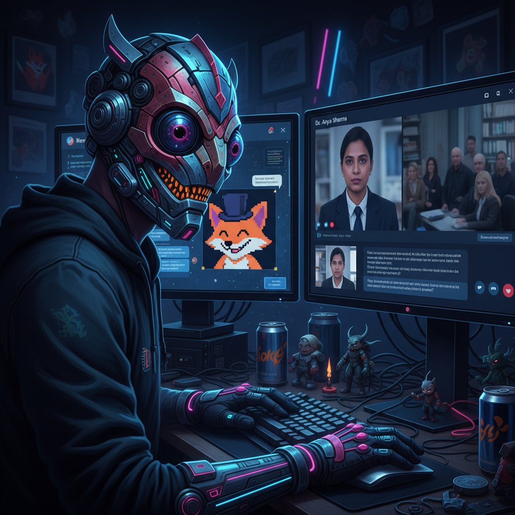 Osoba z maską przed ekranem, grająca rolę w rozmowie online, dualizm tożsamości