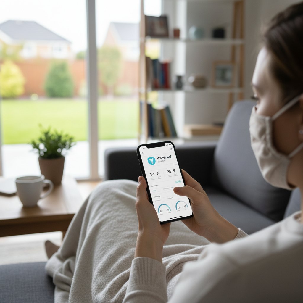 Zdjęcie osoby w maseczce, korzystającej z aplikacji zdrowotnej online w domowym zaciszu