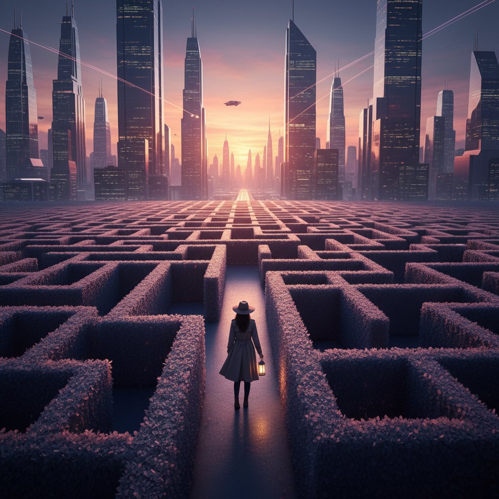 Osoba w labiryncie pytań o psychoterapię, symbolizująca chaos wyboru, wieczorne światło, miejski klimat