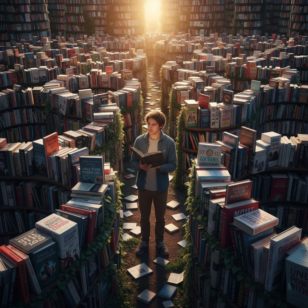 Person lost in a maze of relationship advice books, reflecting confusion from overwhelming and conflicting advice