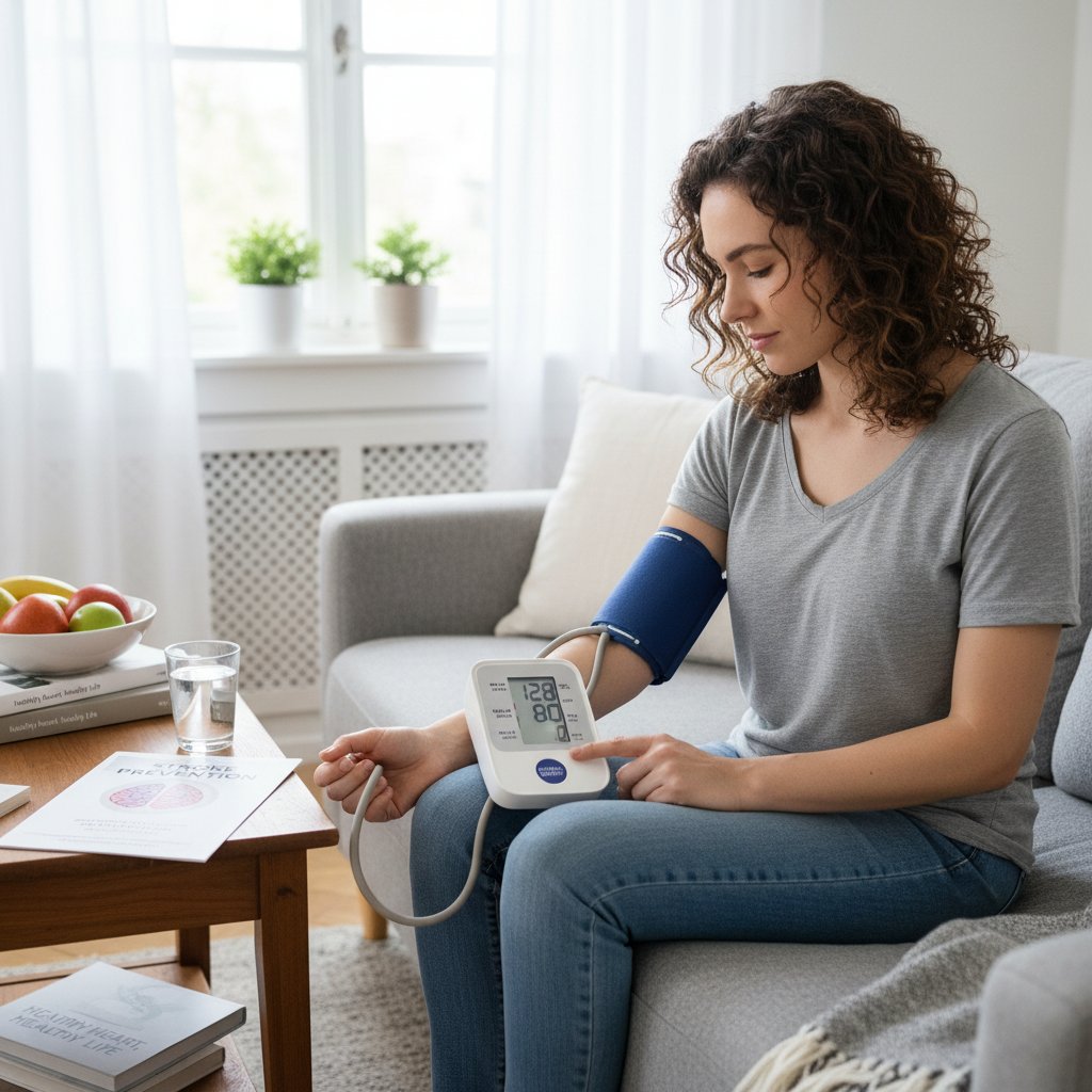 Zdjęcie osoby mierzącej ciśnienie krwi w domu – profilaktyka udaru krwotocznego