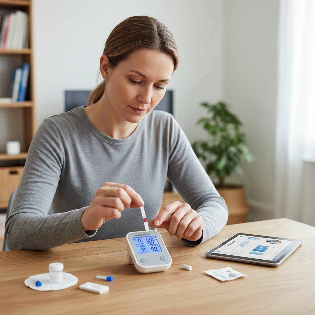 Osoba mierząca cholesterol za pomocą nowoczesnego domowego zestawu testowego