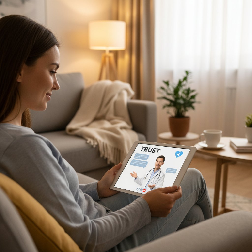 Osoba korzystająca z czatu medycznego na laptopie, otoczenie domowe, atmosfera zaufania