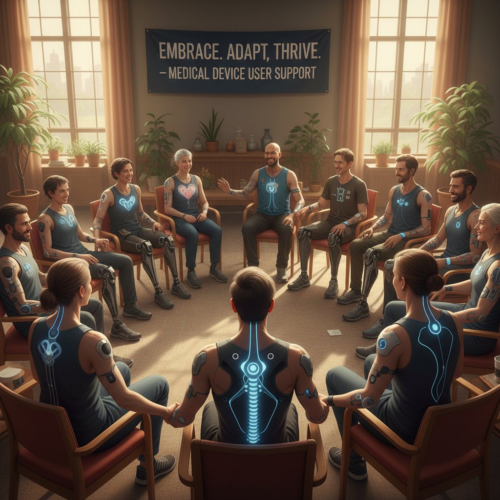 Osoba z widocznym aparatem medycznym podczas spotkania grupy wsparcia; klimat: akceptacja, temat: choroby przewlekłe