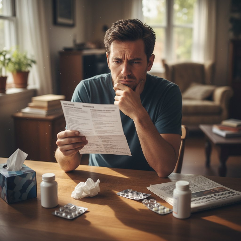 Symboliczne zdjęcie osoby czytającej ulotkę leku z wyraźną nieufnością i sceptycyzmem, wnętrze domu