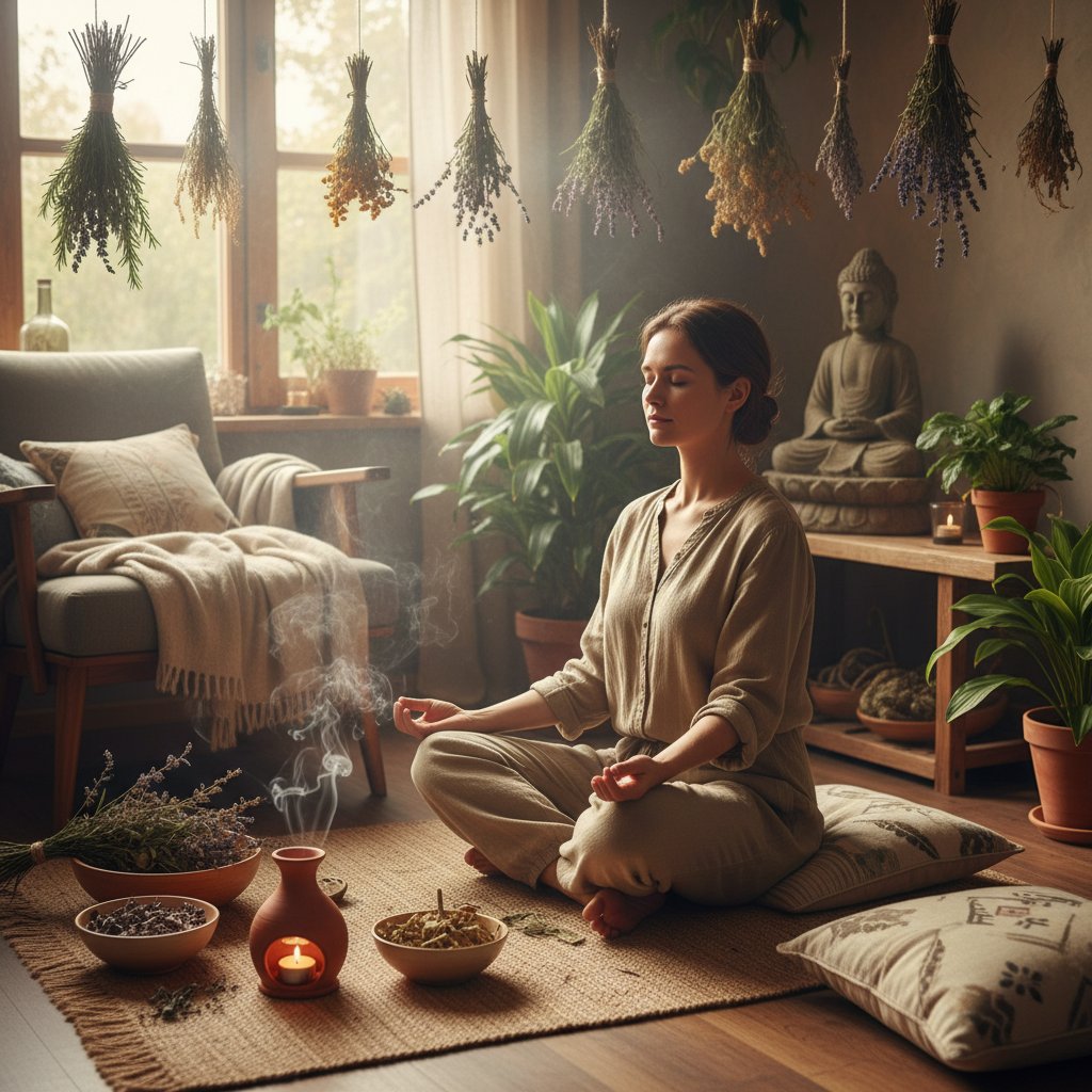 Osoba medytująca w domu z aromatycznymi ziołami, relaks, domowe sposoby na zdrowie psychiczne