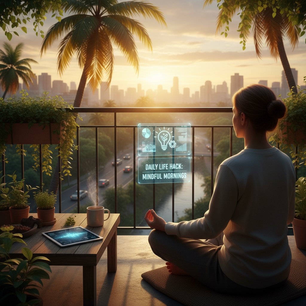 Osoba medytująca na balkonie o poranku, symbolizuje natychmiastowe porady życiowe wdrażane w praktyce