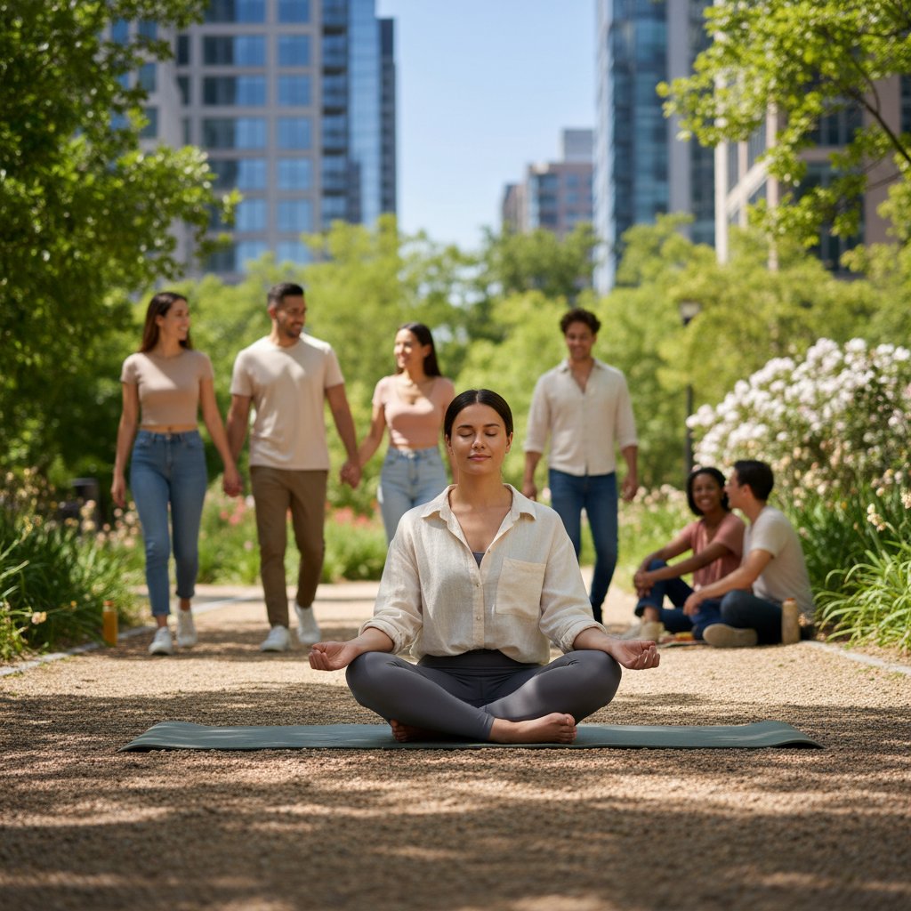 Osoba medytująca w miejskim parku, mindfulness jako narzędzie budowania atrakcyjności interpersonalnej