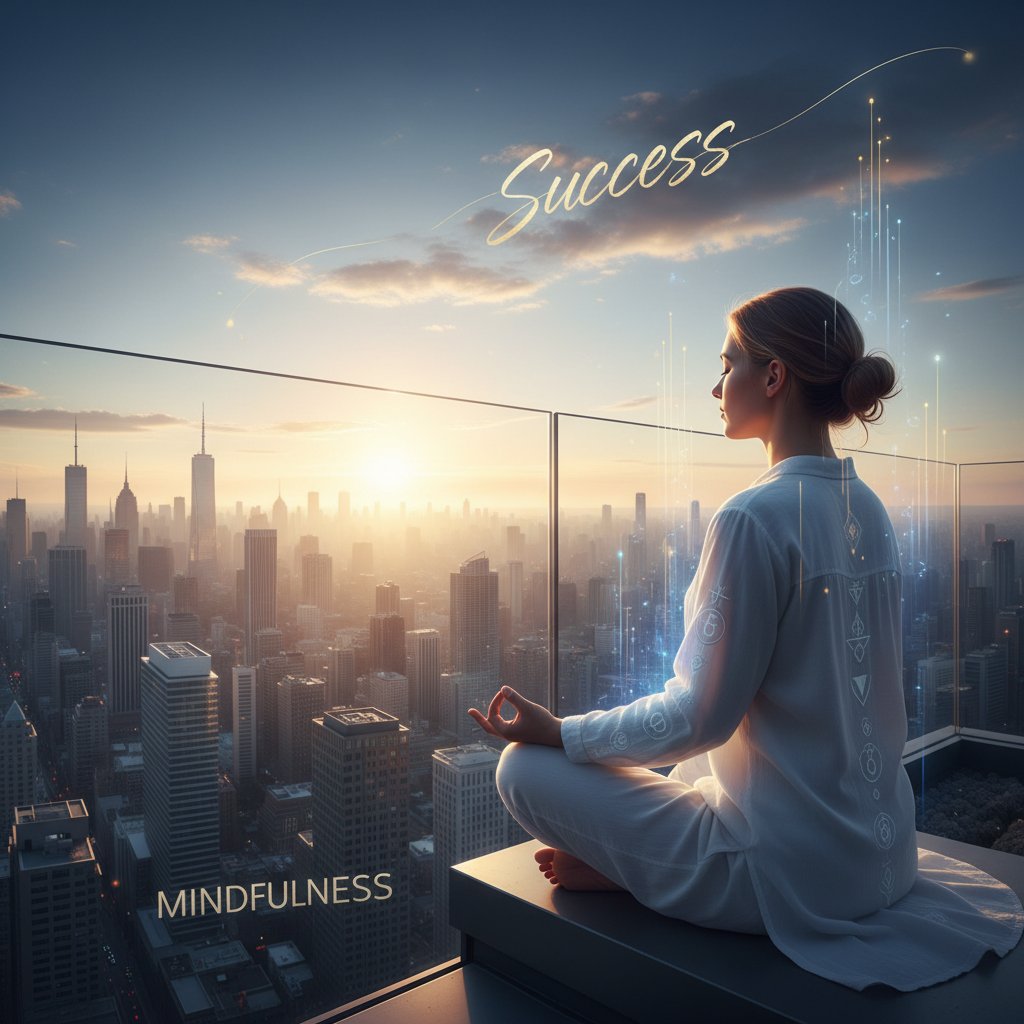 Osoba medytująca na tle miasta, symbol równowagi między sukcesem a spokojem